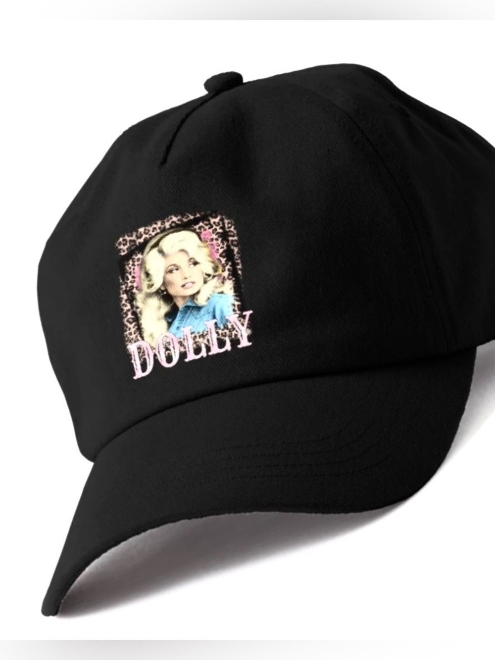 Dolly Parton Black Retro Cap & Graphic Patch of Dolly with Leopard Print & Pink